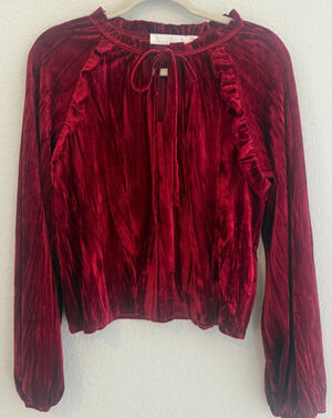 Rachel Parcell Crinkle Velvet Blouse Red Size M Long Sleeve Luxe Whimsigoth